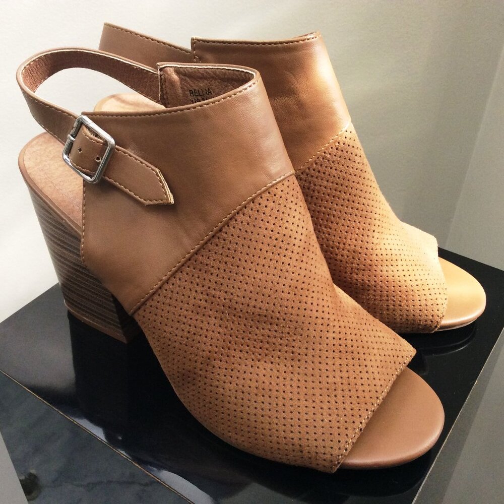 JUSTFAB Brown RELLIA Faux Leather & Textile Block Heel Bootie Sandal SZ 8 M